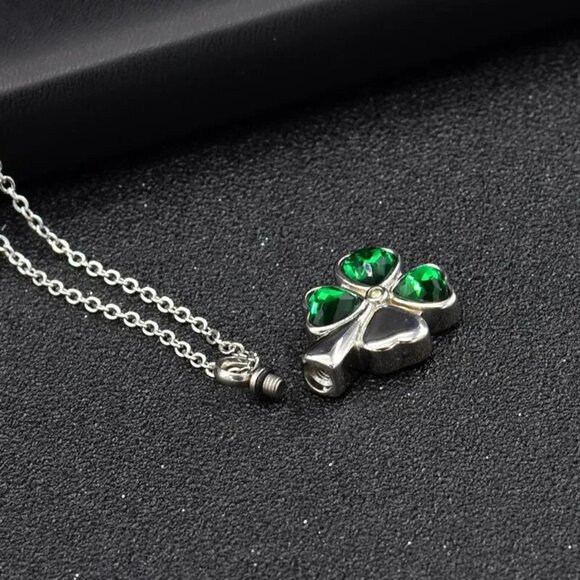 Stainless Steel "Emerald 4-Leaf Clover" Cremation Urn Necklace - Picture 2 of 5